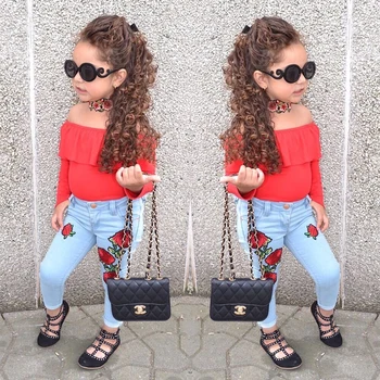 

Fashion Kids Clothes Girls Outfits Summer Toddler Girl Clothes Set Cotton Red Tops+Jeans Children Clothes Suit 1-6 Years