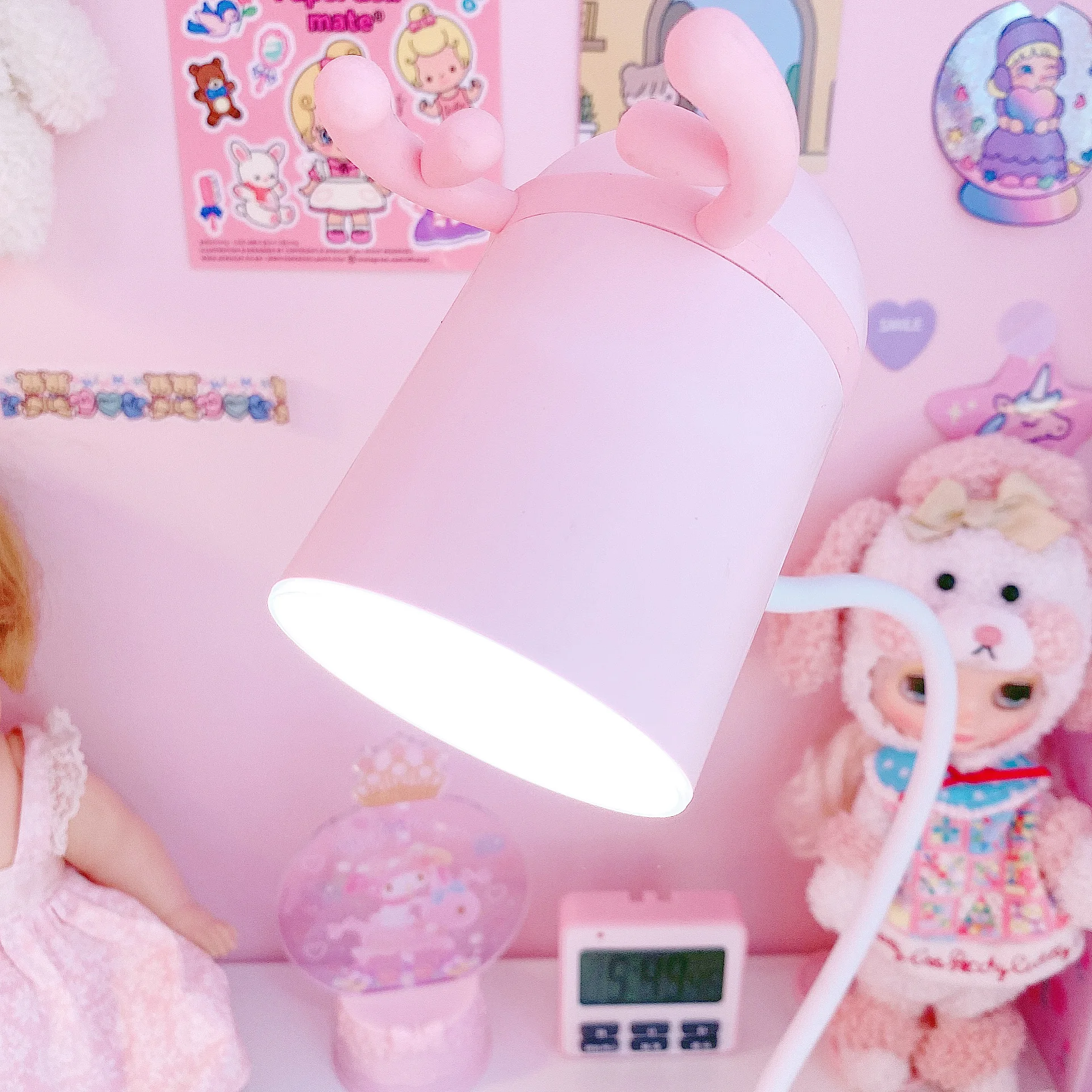 Cute Pink Antlers Desk Lamp with Night Light Touch switch Dimmer Rechargeable Battery Desk Light US