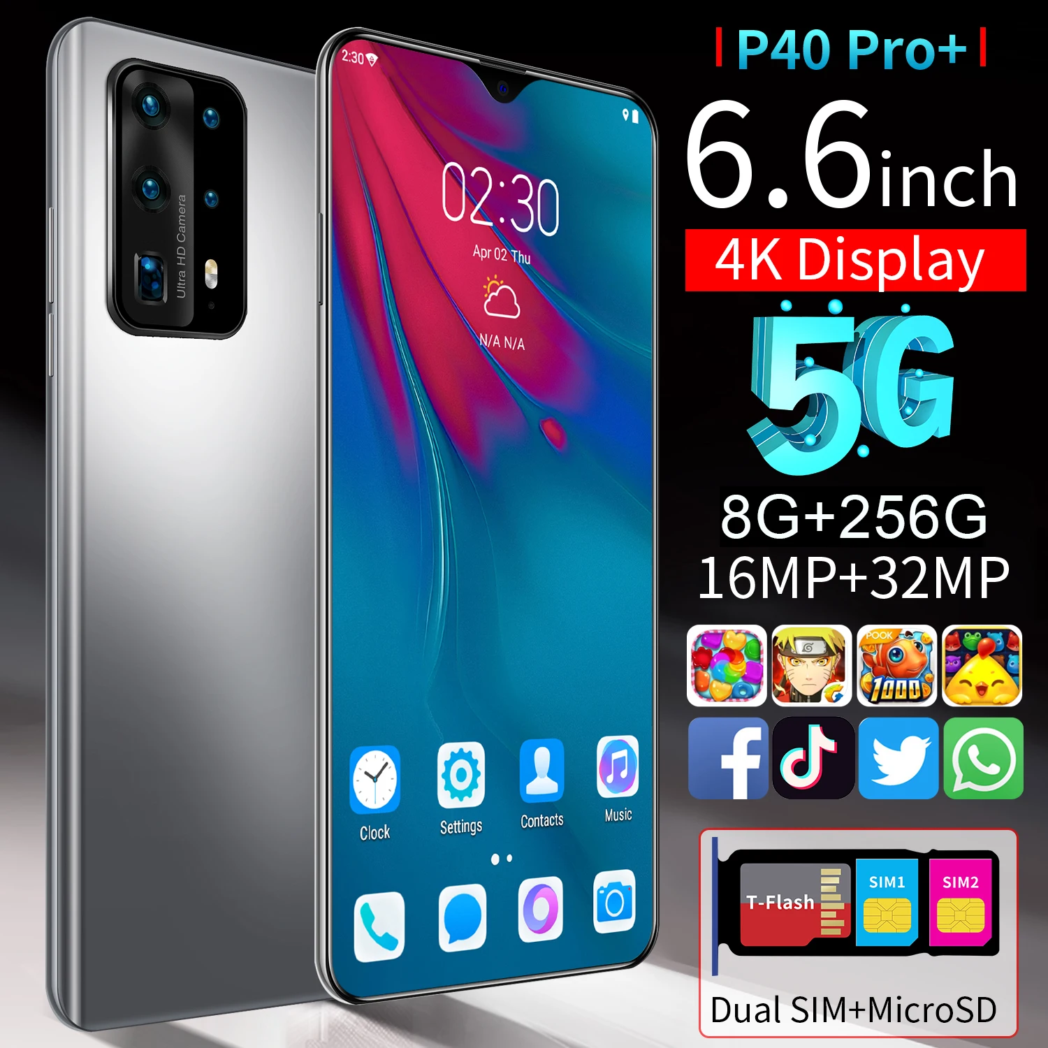 Смартфон P40 Pro + Android 10 0 8 Гб ОЗУ 256 ПЗУ 5000 мАч десятиядерный ЦП мобильный телефон