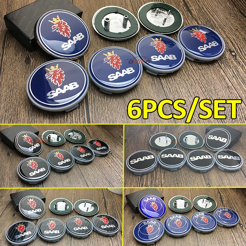

6PCS/SET Car emblem Logo Badge For SAAB 9-3 9-5 93 95 68mm 2pins 3pins head Front Boot Rear label+62mm Car wheel center caps