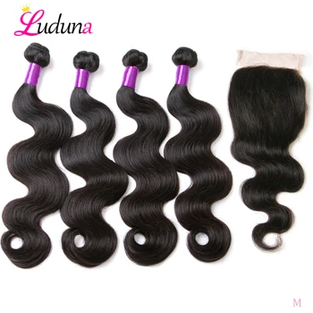 

Ludana 4 Bundles with Closure Body Wave Hair Bundles with Closure Human Hair Weaving with Closure Brazilian Remy Hair Extensions