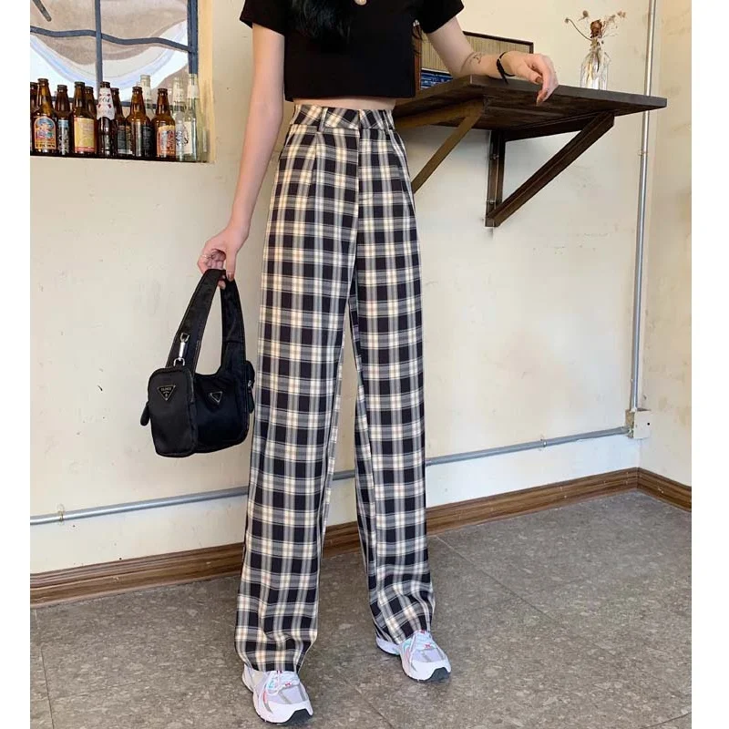 Plaid Elastic Waist Pants Women Loose Straight Leg Pants 2020 Korean Casual High Waist Pants Harajuku