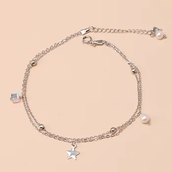 

925 Sterling Silver Star Double-layer Foot Chain Anklet Fine Jewelry Female Simple Korean Style Pearl Tassel Accessories Student