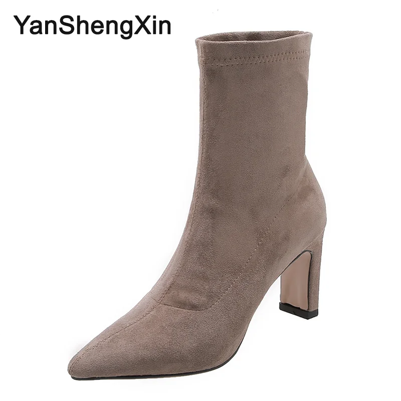 YANSHENGXIN/обувь; женские ботинки; эластичные носки; ботинки до середины икры; женская обувь с острым носком на натуральном меху; сезон осень-зима; ботинки; женские ботиночки - Цвет: Light Brown
