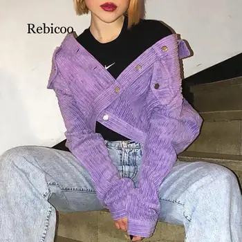 

Purple Neon Buttons Corduroy Cropped Jackets Women Long Sleeve Crop Top Autumn Winter Coat Streetwear Short Jacket