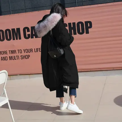 

Winter New Style Korean-style Large Fur Collar down Feather Cotton-padded Clothes Women's Long over-the-Knee Workwear Cotton Coa