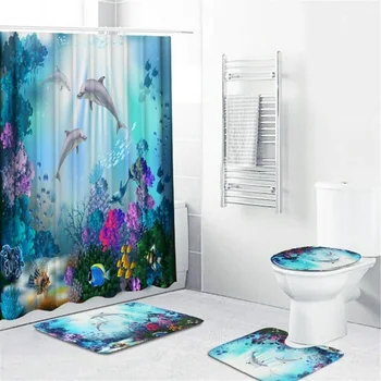 

Dolphin Bubble Blowing Girl Waterproof 4 In 1 Shower Curtain Set Non Slip Mat Base Carpet Toilet Cover Cushion Bathroom Curtain