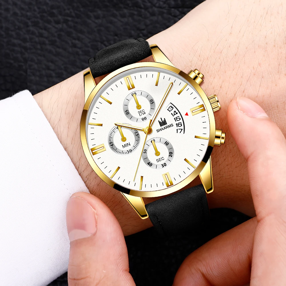 Мужские роскошные кожаные часы, модные кварцевые наручные часы с искусственным хронографом и календарем, деловые повседневные часы для мужчин, Прямая поставка