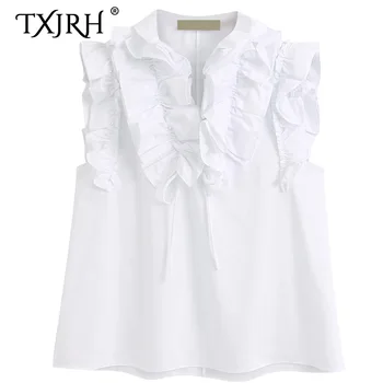 

TXJRH Chic Fashion White V-Neck Pullover Laminated Ruffles Cotton Shirt Elegance Women Blouse Sleeveless Streetwear Slim Tops