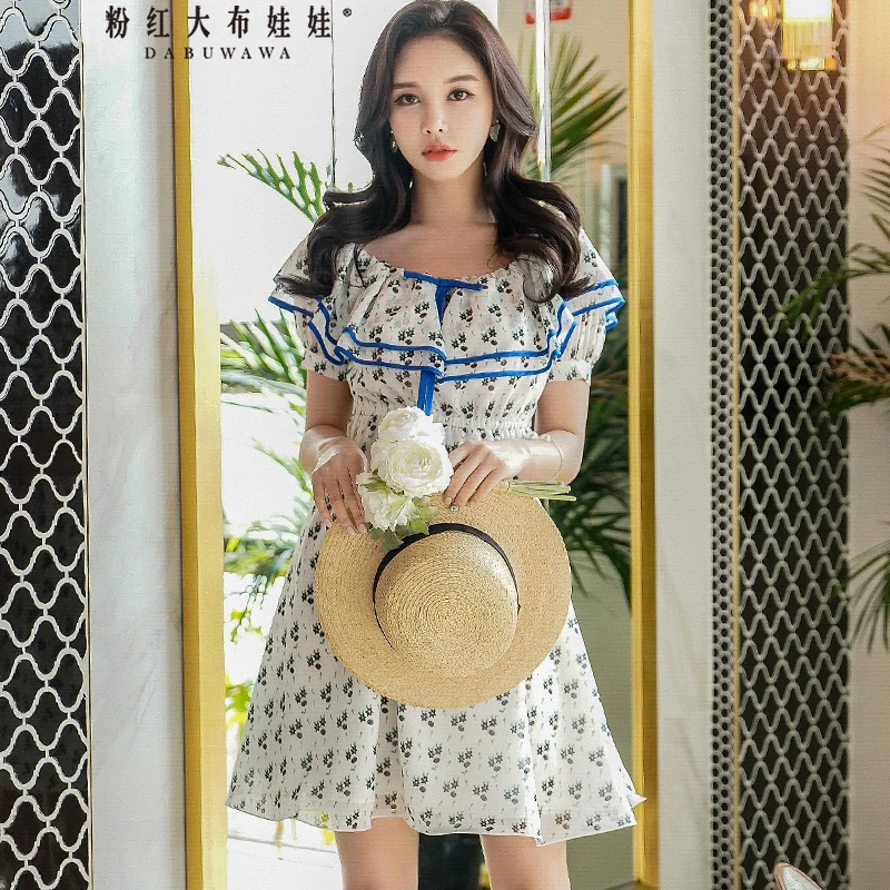 

Dabuwawa Summer New Vintage Ruffles Dress Women Ladies High Waist Floral Short Dress D18BDR160