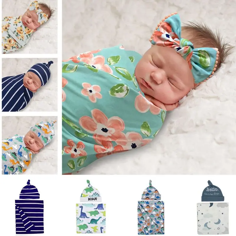 

2Pcs/Set Newborn Baby Receiving Blanket Headband/Hat Cotton Sleeping Bag Toddler Infant Swaddle Wrap Towel