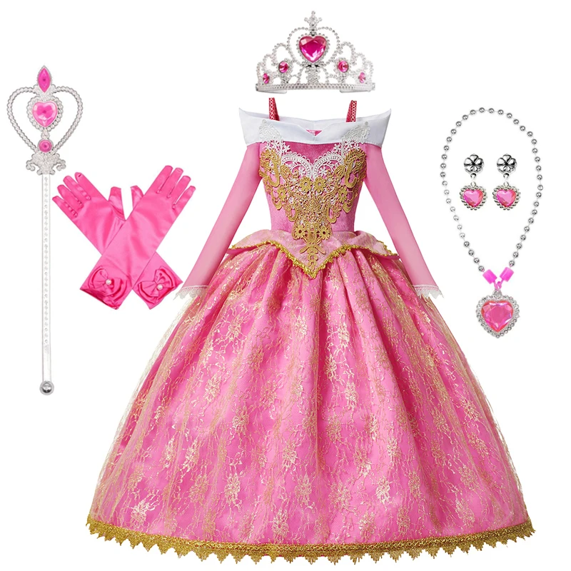 Girls Sleeping Beauty Aurora Princess Dress Long Sleeves Off Shoulder Lace Robe Kids Gorgeous Christmas Gift Fancy Party Outfits