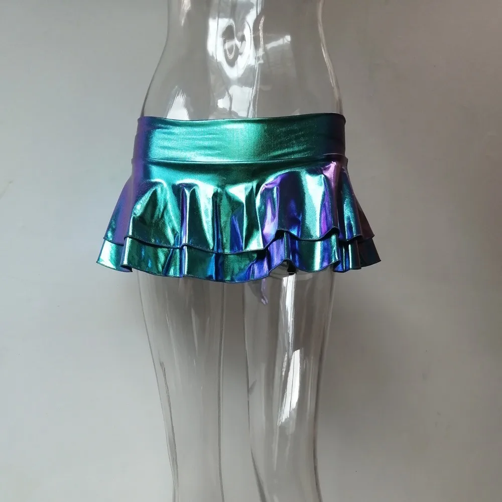 Harajuku голографическая Лазерная юбка, Женская юбка из искусственной кожи, плиссированная мини-юбка с высокой талией, Женская праздничная одежда для шоу