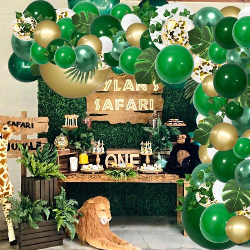 

Birthday Balloons Decorations 12 Inch Green White Gold Latex Balloons with Palm Leaves for Baby Shower Tropical Decoration