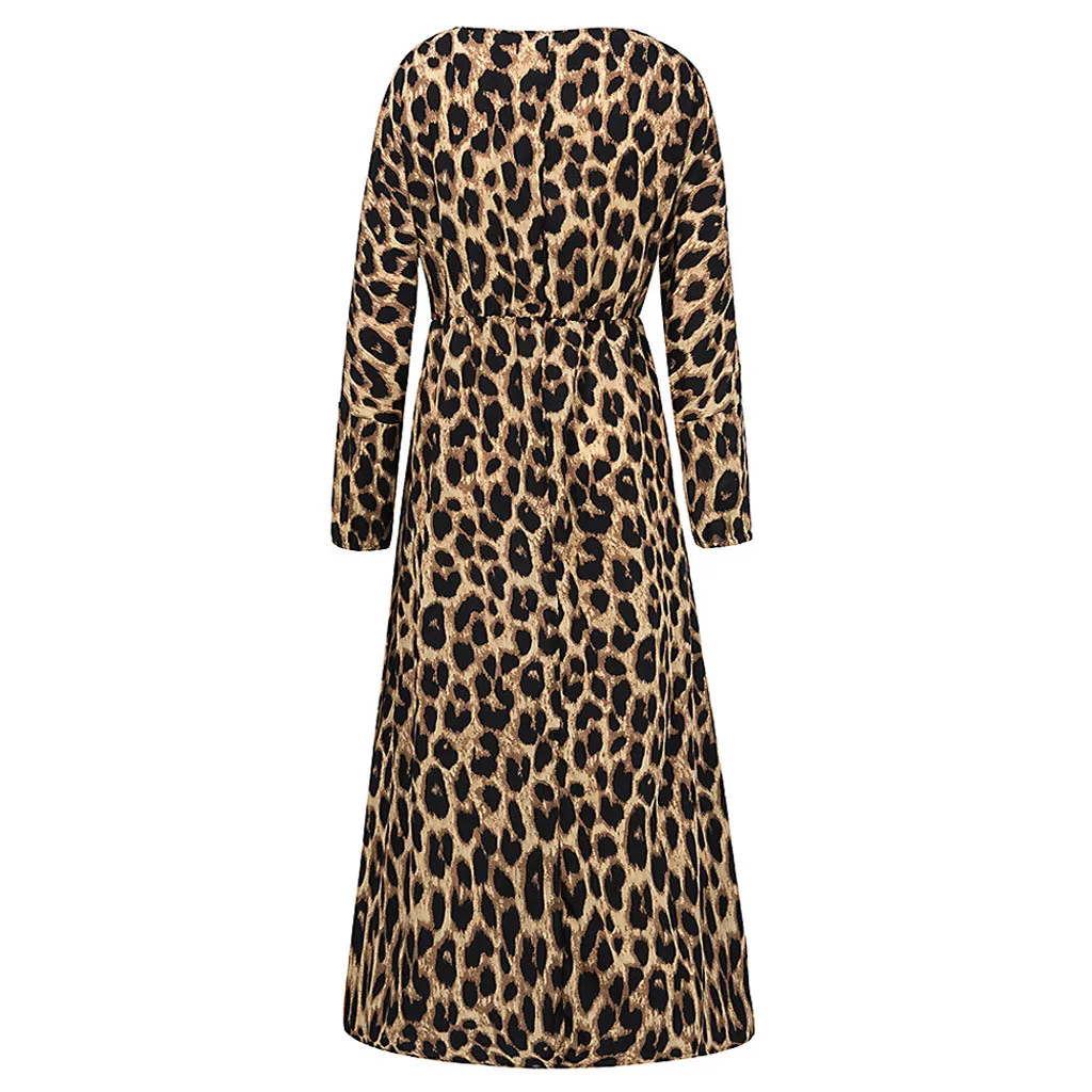 Плюс Размер Женская Сексуальная леопардовая расцветка v-образный вырез шифоновое длинное платье новое с длинным рукавом в богемном стиле Vestidos женское повседневное пляжное платье# J30