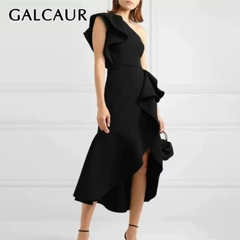 

GALCAUR Patchwork Ruffle Party Dress Female Off Shoulder Asymmetric Collar High Waist Sexy Midi Dresses Women Clothes 2020 New