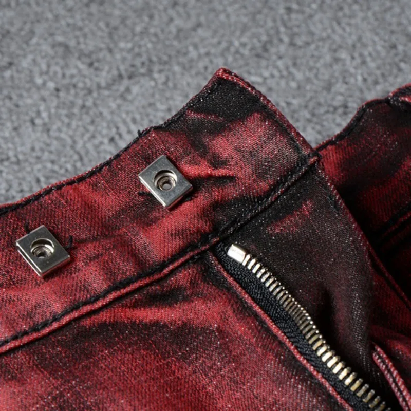 

New Mens Punk Retro Red Hole Ripped Denim Cargo Trousers Plus Size Slim Fit Motorcycle Jeans Pocket Long Pencil Pants