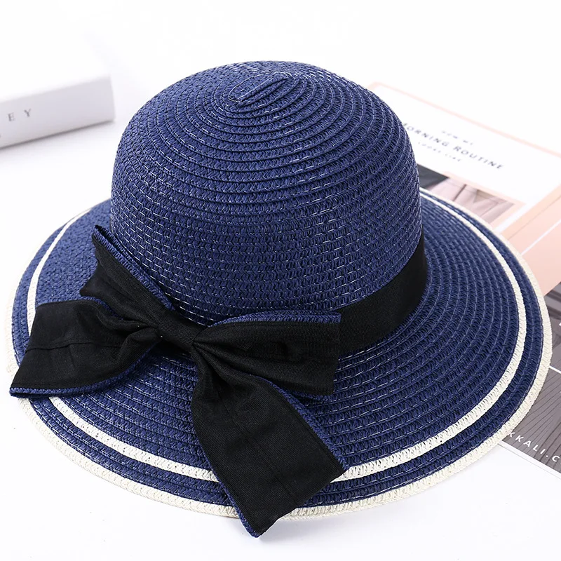 SQTEIO летняя большая пляжная шляпа для путешествий Праздничная Кепка Женская Солнцезащитная соломенная шляпа с бантом складная шляпа - Цвет: Синий