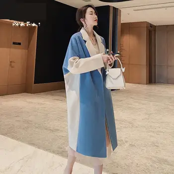 

Loose Woollen Overcoat Women Long Sleeve Turn-down Collar Outwear Jacket Casual Autumn Winter Elegant Long Patchwork Coat