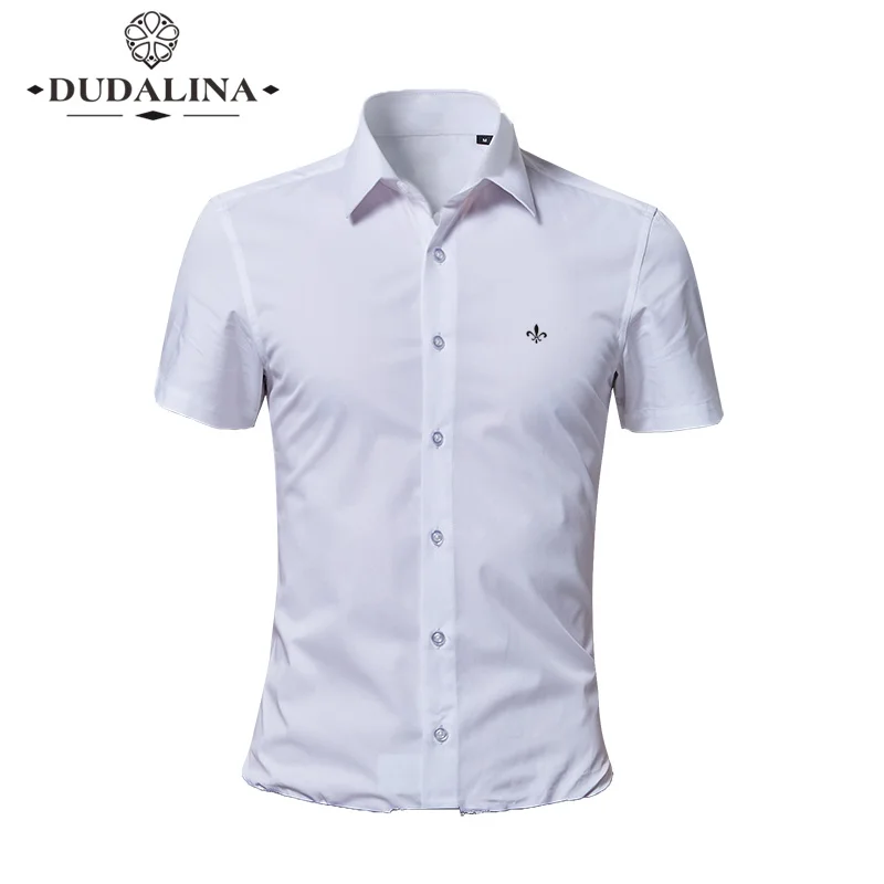 Плюс размер 8XL Dudalina вышивка мода Blusa Camisa Social Masculina короткий рукав Slim Fit рубашка мужская Цветочная Одежда Белый мужской