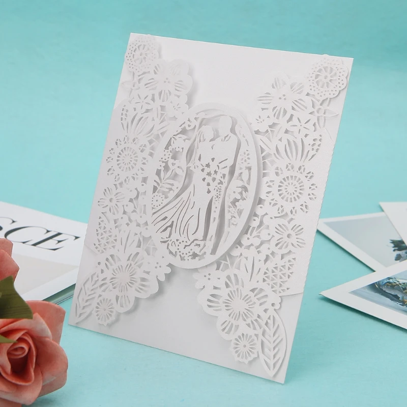  10Pcs Romantic Lovers Wedding Party Invitation Cards Delicate Carved Hollow Lace 72XF - 4000389175070