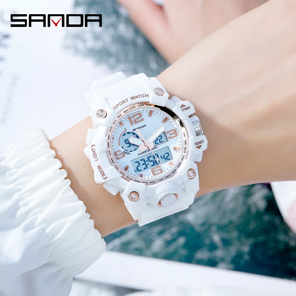 Women Watches Rose-Gold Digital White Fashion Montre Relogio SANDA Sport -842 LED Dourado