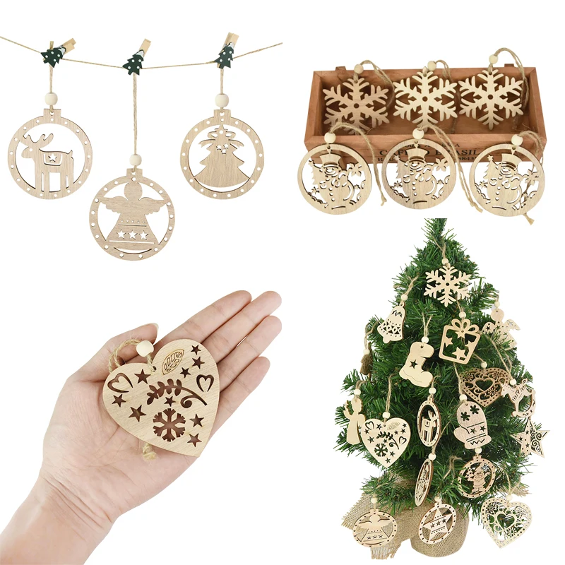 3Pcs/Set Christmas Wooden Chips DIY Wood Crafts Snowflake Star Ornaments Pendant Xmas Tree Decor New Year Kids Gift Navidad