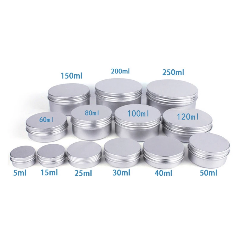 

20Pcs 5g 10g 15g 20g 30g 50g 60g Empty Silver Metal Aluminum Tins Cans Screw Top Round Candle Spice Face Cream Boxes Containers