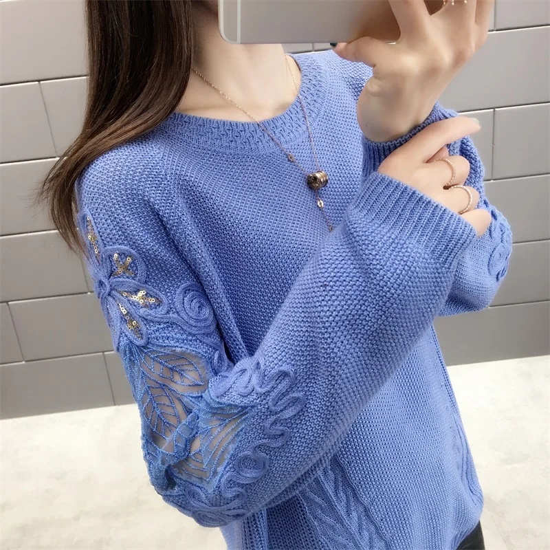 Woherb Pull Femme свитер с блестками и кружевом в стиле пэчворк однотонные пуловеры с длинными рукавами повседневные свободные модные новые 90979 - Цвет: blue pullover
