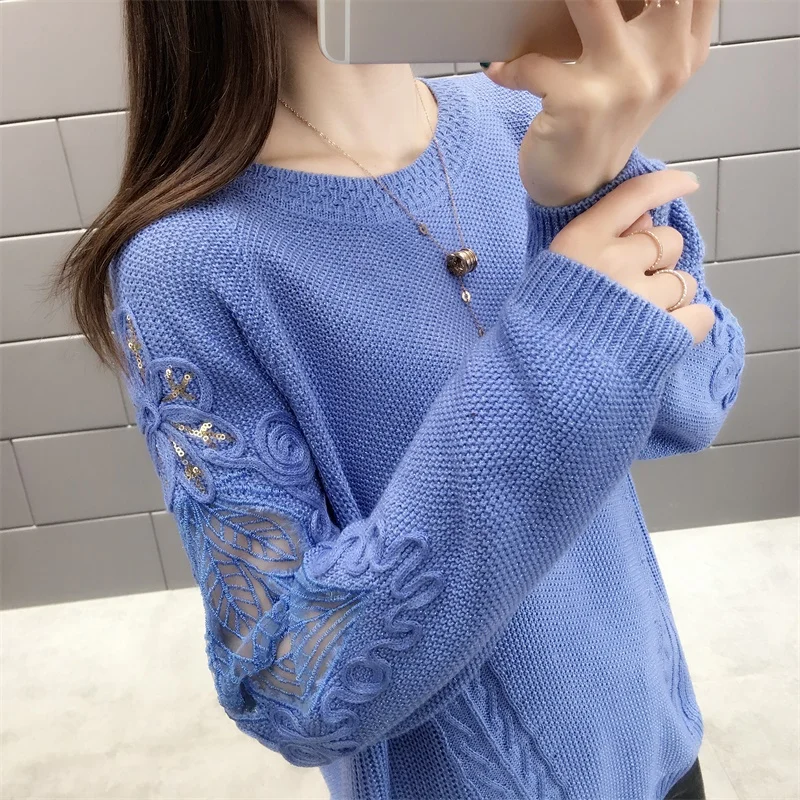 blue pullover Woherb Pull Femme свитер с блестками и кружевом в стиле пэчворк однотонные пуловеры с длинными рукавами повседневные свободные модные новые 90979 - Цвет: blue pullover