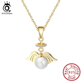 

ORSA JEWELS Real S925 Angel Elf Pendant Necklace Simulated Pearl Clear AAAA Zircon Pendant Necklace Gold Plated Jewelry SN193