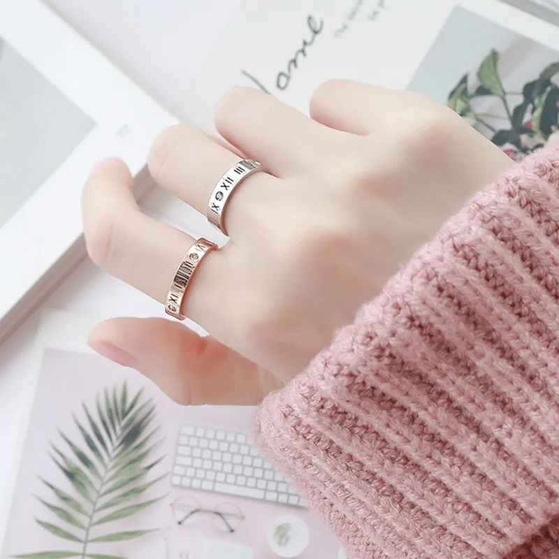 YUN RUO Fashion Zircon Roman Number Couple Ring Rose Gold Color Woman Gift Titanium Steel Jewelry Not Change Color Drop Shipping