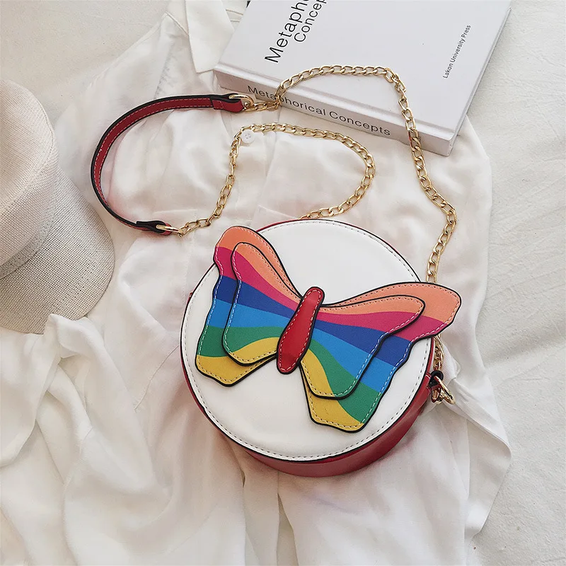 

Harajuku-Style Shoulder Small round Bag 2019 Korean-style New Style Candy-Colored Rainbow Butterfly Shoulder Bag Versatile Chain