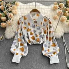 

Women Green Red Heart Printed Shirts Fashion Casual Loose Turn Down Collar Blouses Female Patchwork Puff Long Sleeve Tops New