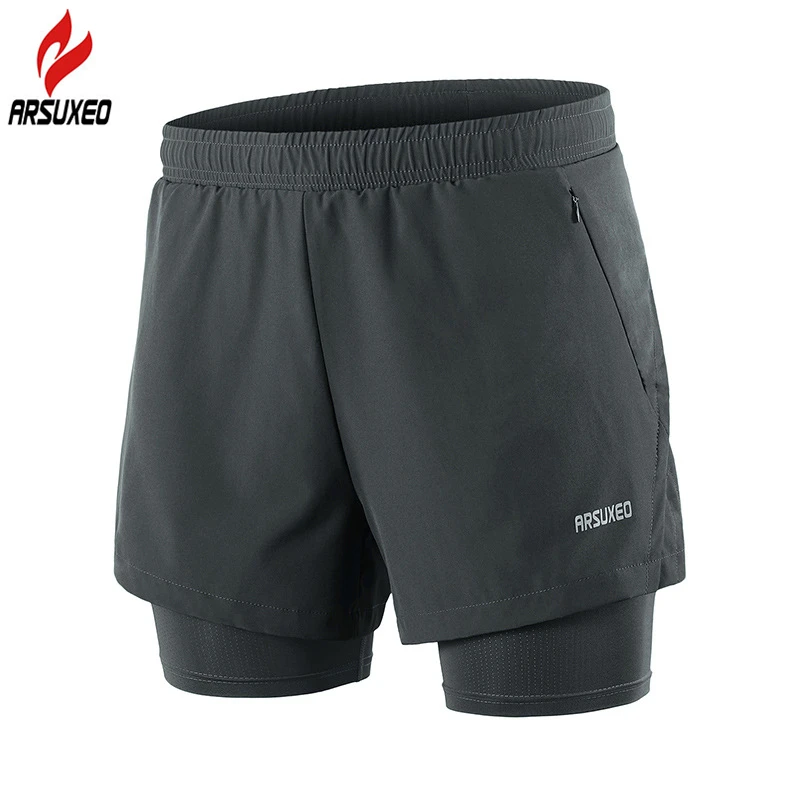 Baratos Pantalones cortos reflectantes para correr ARSUXEO transpirables 2 en 1 para gimnasio, entrenamiento, ejercicio, Jogging, pantalones cortos con bolsillo con cremallera