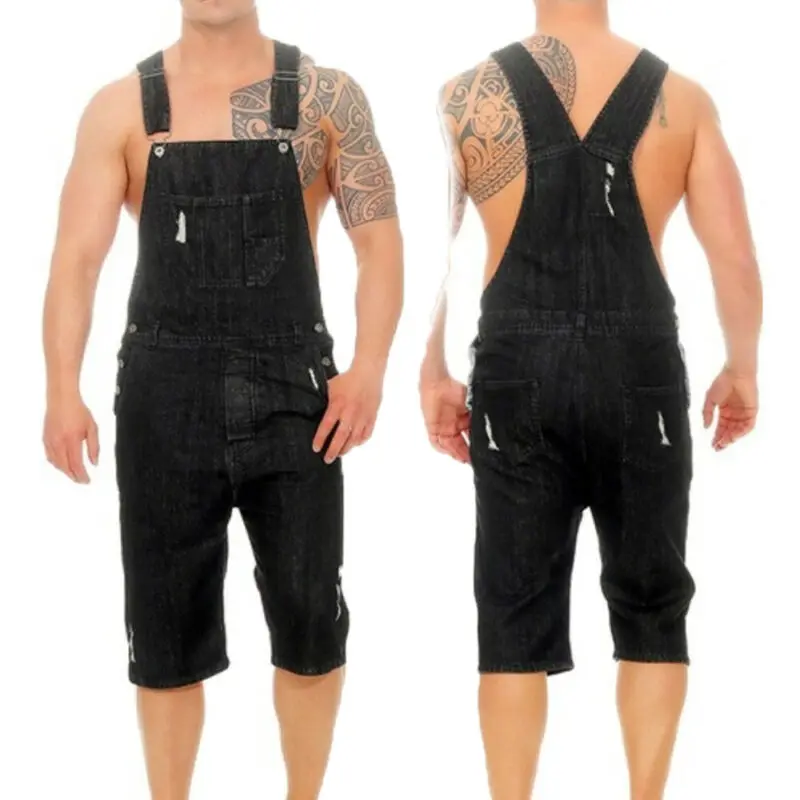 New Men's Overalls Knee Length Fit Casual Ripped Men One Piece Jeans Jumpsuits HOT