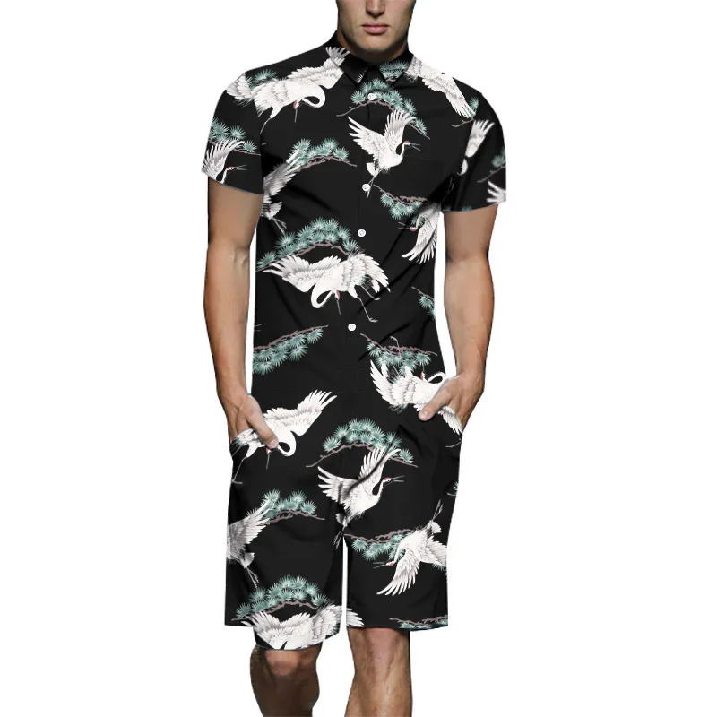 

New Summer Romper Crowned Crane Printed 3D Rompers Plus Size Men Set Beach Party Cargo Overalls One Piece Jumpsuits TS-492