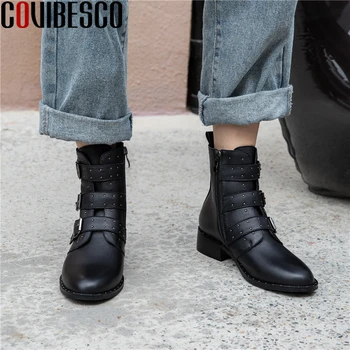 

COVIBESCO Casual Motorcycle Boots Women Rivets Ankle Boots Autumn Winter Low Heels Shoes Woman Buckle Genuine Leather Zip Boots