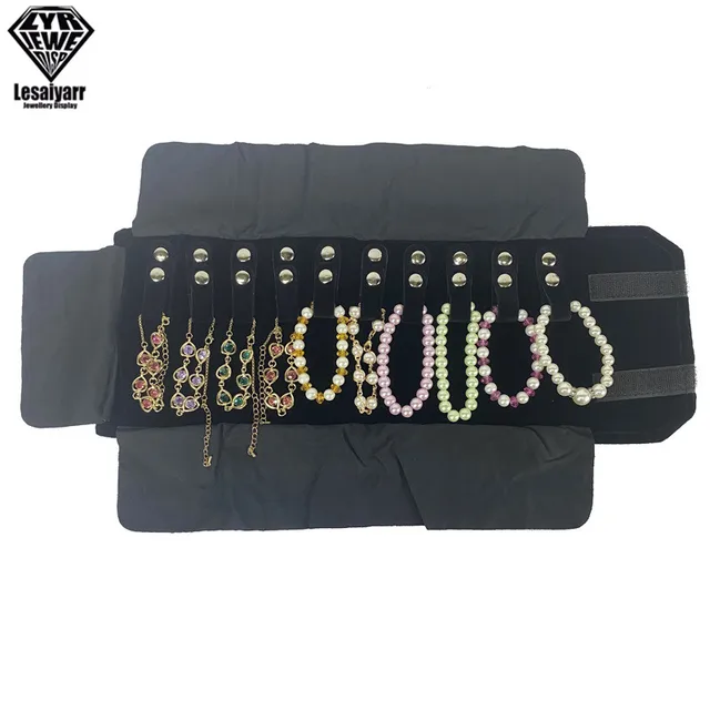 Sac en rouleau de bijoux, étui de transport Portable, organisateur en velours noir, boîte de rangement multifonctionnelle pour colliers, bagues, boucles d'oreilles, vente en gros