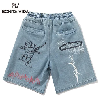 

Bonita Vida Hip Hop Angel Gun Graffiti Fire Flame Print Men Denim Shorts Streetwear Harajuku Elastic Waist Short Jeans Pants