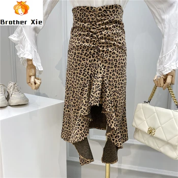 

Leopord Skirt Women 2020 Spring and Summer New Fashion Irregular Flounced Wrinkle Skirt Ladies High Waist Medium-length Skirts