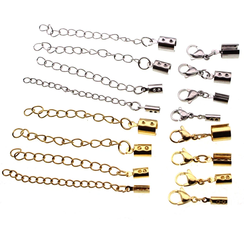 10pcs Gold Silver Stainless Steel Cord Fastener For Jewelry Making Rope End Cap With Lobster