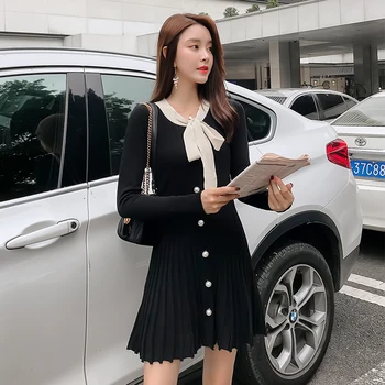 

2020 Long sleeve v-neck casual elegant vintage pleat koeran style cute kawaii black mini student dresses