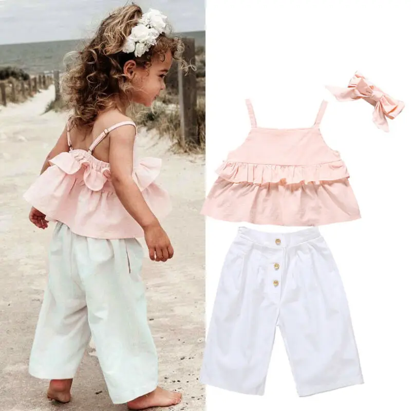 US Stock Summer Toddler Baby Girl Ruffle Sling Crop Tops Wide Leg Long Pants Headband Sweet Kids 3PCS Outfits Cotton Set 1-6Y
