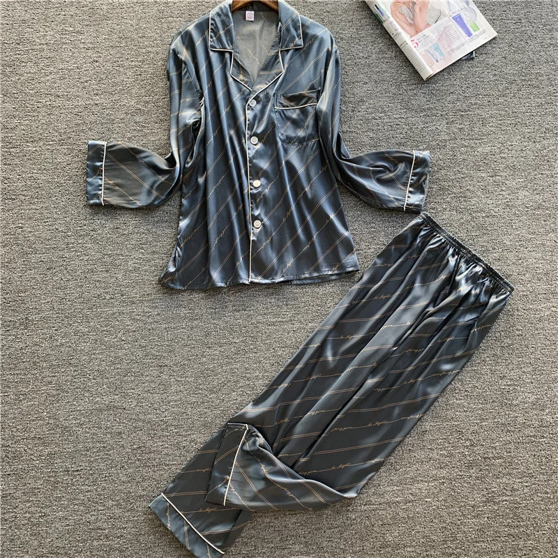 

Spring Pajamas sets for Men Comfortable Faux Silk Turn-down Collar Long Sleeve Trousers Homewear mansleepwear