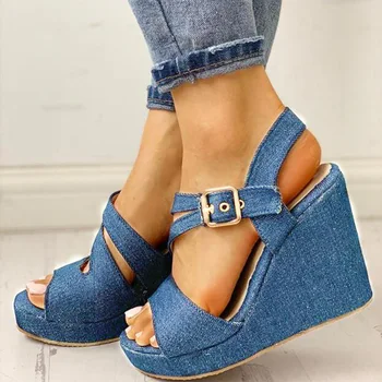 

Women's Wedge Sandals Ankle Buckle Strap Ladies Peep Toes Denim High Heel Female PU Leather Casual Platform Woman Shoes 2020