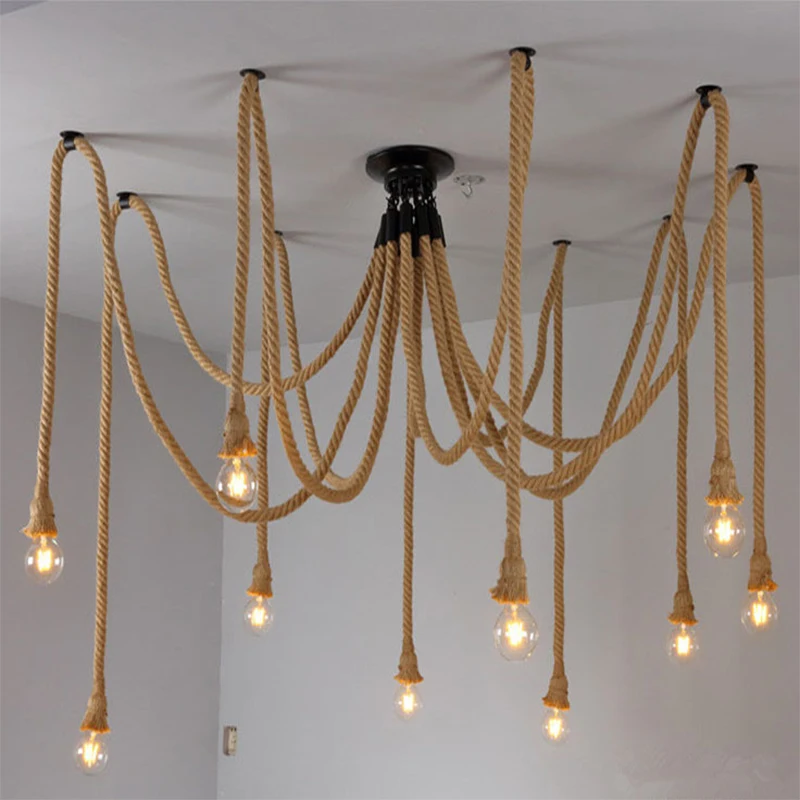Lampadario A Sospensione In Corda Di Canapa Fai Da Te, 5 Luci, Portalampada E27, Stile Industriale Vintage, Lunghezza 100 Cm