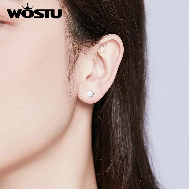 WOSTU, настоящее 925 пробы, серебряные, круглые, маленький кусочек, модные серьги-гвоздики для женщин, для свадьбы, маленькие серьги, настоящее ювелирное изделие, BKE693