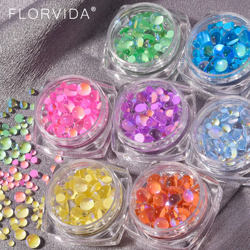 FlorVida 20pcs Sweet Heart Mermaid Rhinestone Beads Holographic Crystal Gems Stones For Nail Art Decorations Mix Size Box Kawaii