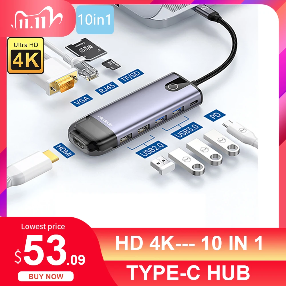 

Type-C HUB to 3.0 USB HDMI RJ45 USB HUB for MacBook Pro Accessories USB Splitter Multi 10 Ports Type C HUB USB-C HUB